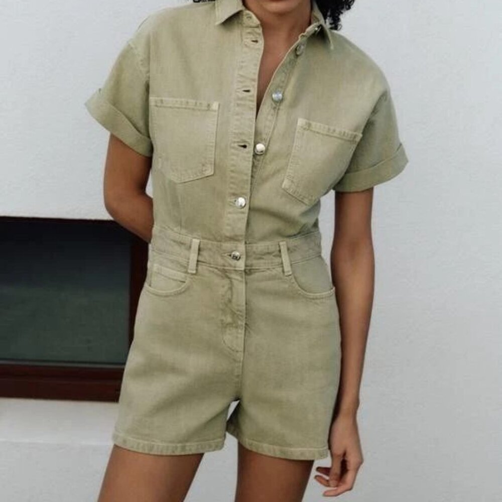 ZARA sz XS denim snap front green romper / utility short jumpsuit